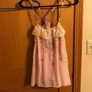 Free people Pink and sheer overlay beaded tank top.